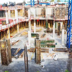 View of construction work site. Building  concrete house